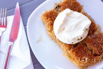 Turkish Maras ice cream and kadayıf dessert in close-up