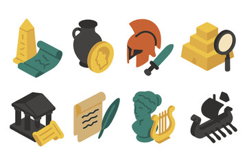 Ancient greece icons set with historical artifacts in isometric style