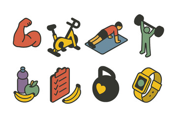 Fitness and health icons: home workout, nutrition, and exercise gear