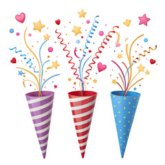 happy birthday card with balloons , 3D Party Poppers & Confetti Explosion Set: Celebration & Fun Vector 
