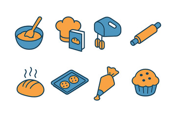 Colorful baking icons set featuring bakery tools and ingredients