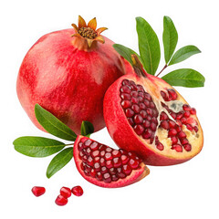 Vibrant pomegranate halves and arils with fresh green leaves on a black background