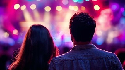Couple enjoying a live concert together from the rear view with colorful stage lights, Rear view of a couple enjoying a concert with a stage and crowd blurred in the background - Powered by Adobe