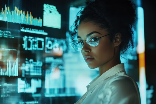 Financial data processing in a modern office setting with a biracial businesswoman focusing on analytics, financial data processing over biracial businesswoman in office