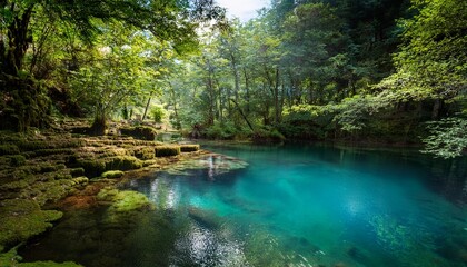 a tranquil hidden oasis with crystal clear waters surrounded by lush greenery in the forest