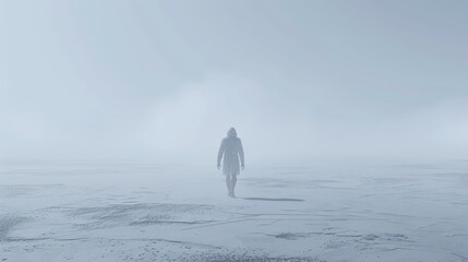 Lone Figure Walking Away into Thick Fog or Whiteout Conditions