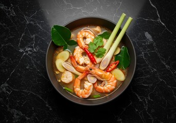 Delicious Tom Yum Goong Soup with Shrimp, Lemongrass, and Kaffir Lime Leaves