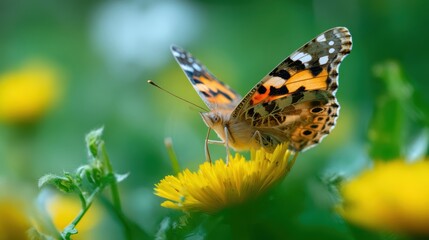 Naklejka premium Close-up of a butterfly resting on a bright flower in a natural meadow