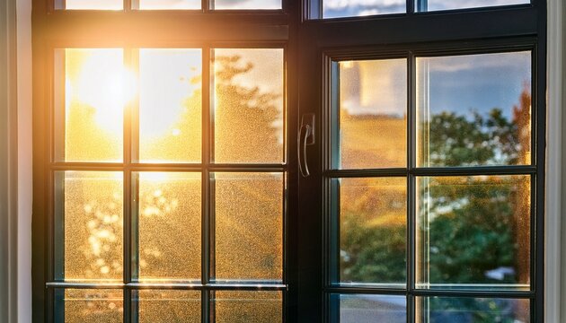 close up of energy efficient double glazed windows with sunlight reflecting off the glass