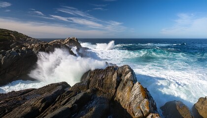 waves crashing on dark rocks along the baiona coastline in galicia blending blue ocean hues with white foam capturing the raw energy of the atlantic