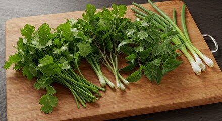 Fresh Herbs and Scallions on a Cutting Board