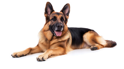 A playful German Shepherd dog lying on a white background, showcasing its friendly demeanor