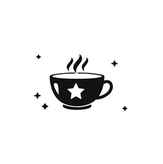 Steaming hot beverage cup with star and sparkles black white