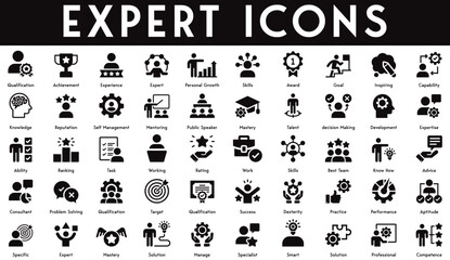 Expert Icons set vector illustration with collection of competence, qualification, professional, solution, specialist, solution, mastery, expert, specific, performance, practice, success, experience.