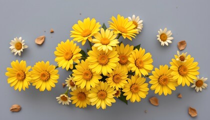a serene scene of a bouquet of yellow daisies, captured from above against a gray background