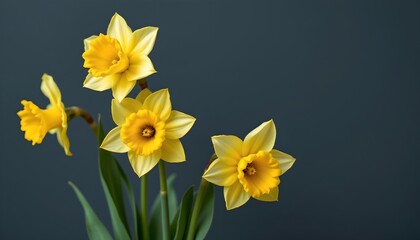 a vase filled with yellow daffodils against a dark blue background.