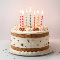 Un exquisito pastel de cumpleaños de vainilla con velas encendidas