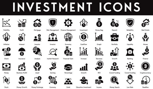 Investment Icons set vector illustration with collection of volatility, deadline, low rate, money search, income, economy, money growth, stock, crowd funding, growth, percentage, increase, interest.