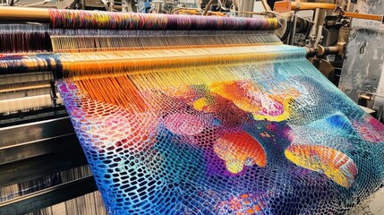 Vibrant Textile Production on Loom with Colorful Fabric Weaving