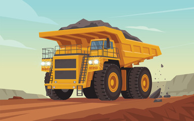 Flat vector Illustration of Massive yellow mining dump truck hauling a load of coal across a dusty open pit mine