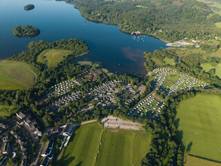 Obraz premium Aerial view of caravan holiday parks at Keswick and Derwentwater lake in the English Lake District