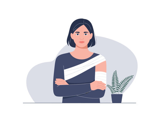 Flat vector Illustration of Young woman with arm sling and bandage after injury or accident