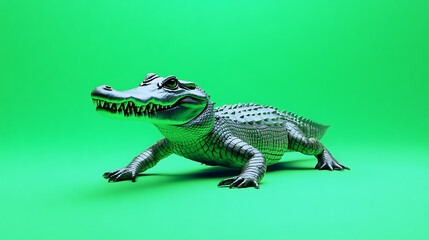 Obraz premium Realistic crocodile model on a vibrant green background, showcasing detailed textures and features