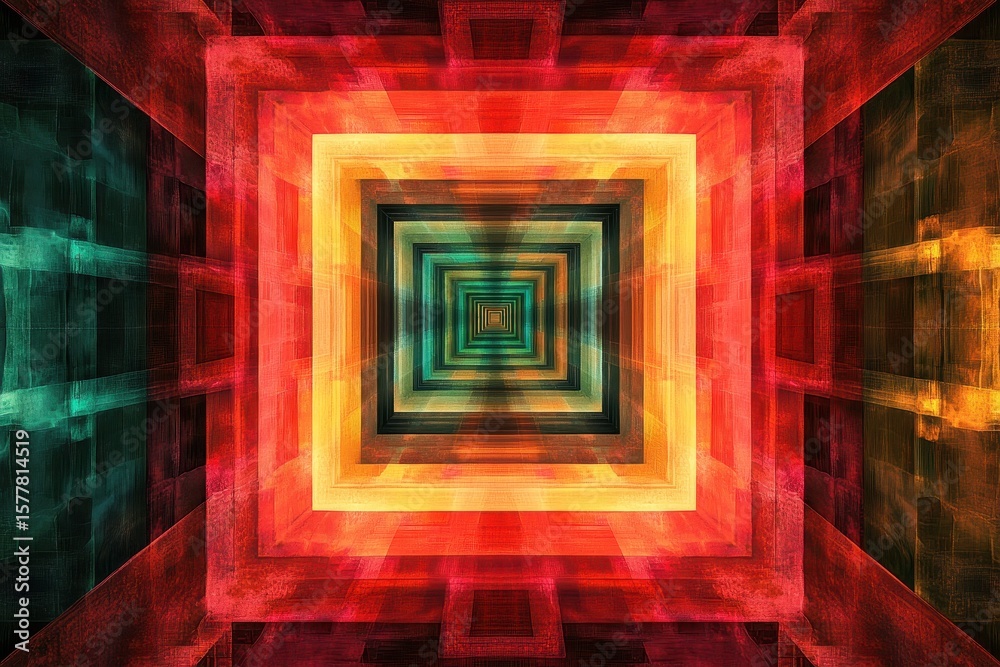 Poster vibrant neon tunnel with rotating square frames creating a mesmerizing visual effect at night, ed 3d