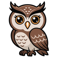 Fototapeta premium A cute cartoon owl character with big eyes on a branch, a wise and funny brown bird illustration