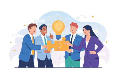 Flat vector Illustration of Diverse business team collaborates on a new idea symbolized by a glowing lightbulb and puzzle pieces