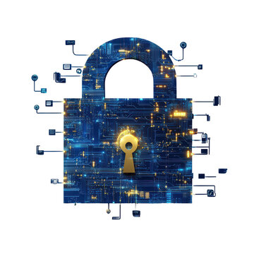 Data protection and cyber security, graphic of a secure server with a lock, isolated on transparent background