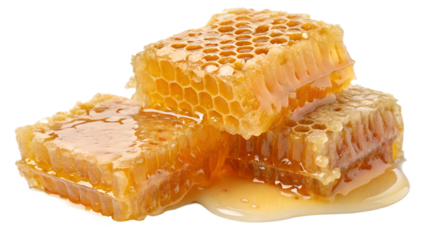 Three pieces of fresh honeycomb dripping with golden honey, isolated on a transparent background