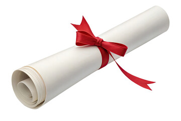 Rolled diploma or certificate with red ribbon tied in a bow isolated on transparent background