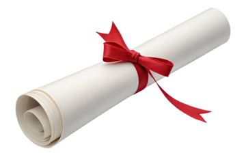Rolled diploma or certificate with red ribbon tied in a bow isolated on transparent background