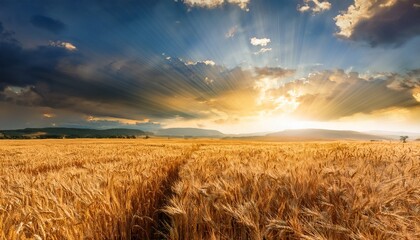 Obraz premium golden wheat field under dramatic sky with sun rays creating a beautiful landscape