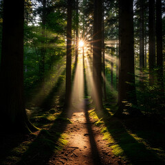 Obraz premium Sunbeams Shining Through Forest Trees Creating a Path of Light.