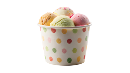A colorful polka dot cup filled with five delicious scoops of ice cream isolated on transparent background