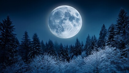 eerie full moon rising over dense forest nature scene nighttime atmospheric enigmatic glow