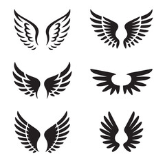 Elegant vector set of black bird and angel wings, perfect for tattoo, logo, or icon designs symbolizing freedom and flight