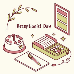 A desk setup with a “Receptionist Day” cake and appreciation letters