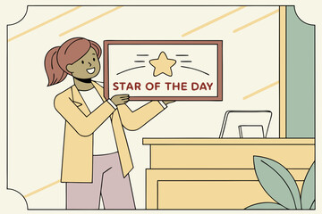 A receptionist holding a framed “Star of the Day” certificate