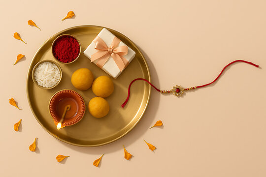 Bhai dooj pooja thali with sweets and rakhi