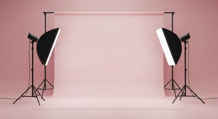 A clean photography studio setup with a seamless light pink background and two softbox lights. Perfect for product, portrait, or fashion shoots