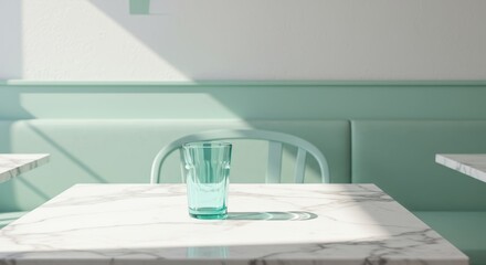 Serene Mint Cafe Interior with Glass of Water on Marble Table