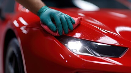 Close-up of hands polishing shiny red sports car surface in detailing workshop