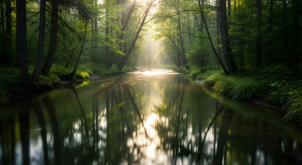 Fototapeta premium Tranquil Forest Stream Reflecting Sunlight and Trees.