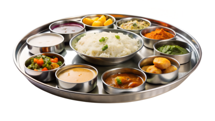 A delicious and diverse indian thali meal, featuring various curries, rice, bread, and snacks arranged on a platter isolated on transparent background