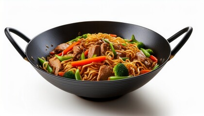 a wok of meat and vegetable noodle stir fry realistic food photography isolated on a white background
