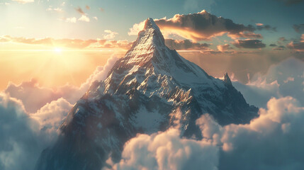 Modern leadership and vision concept with soaring mountain peaks, sunrise light, and clean space for content.