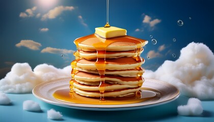 a stack of pancakes floats midair with melting butter and maple syrup dripping slowly dreamy scene with fluffy white clouds as the soft magical backdrop